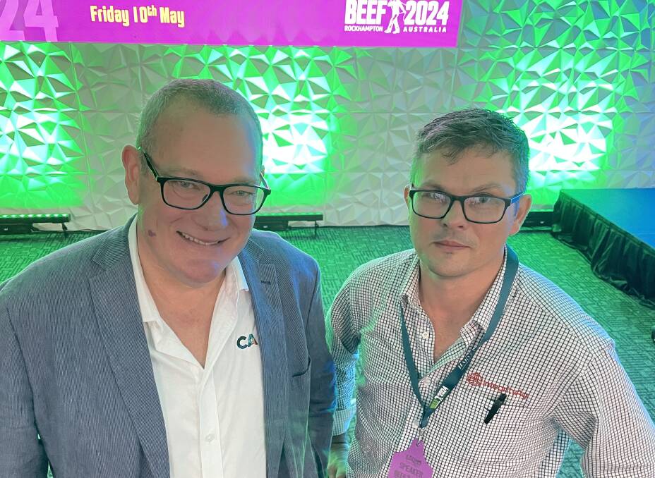 Cattle Australia chief executive officer, Dr Chris Parker with Beef Australia speaker and agricultural environmental researcher, Dr Stephen Wiedemann, Toowoomba.