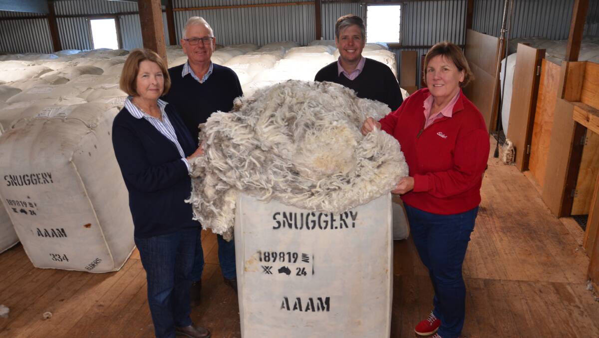 Liz, Chris and James England, The Snuggery, Kingston SE (pictured with Elders' Steph Brooker-Jones) will feature in Fields knitwear's Thank A Woolgrower campaign. They are wearing garments made from some of their wool.