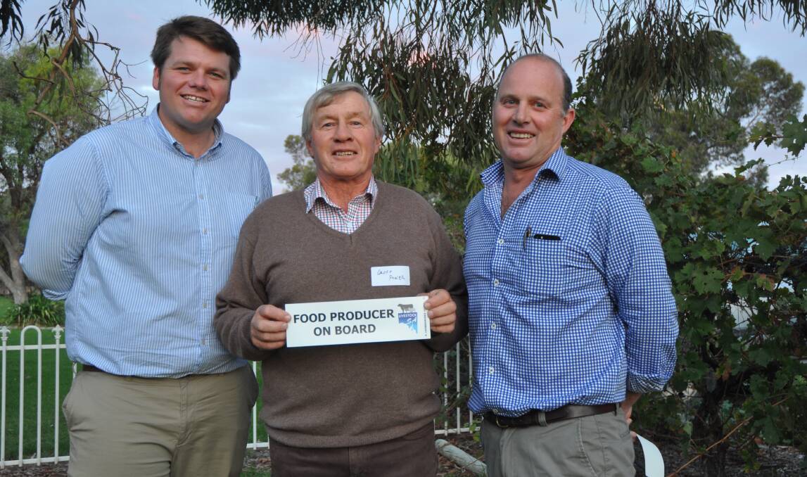 Livestock SA southern region secretary Tom Dawkins and Livestock SA president Geoff Power with guest speaker Bruce Creek who shared his experiences developing an Angus herd in Kazakhstan.