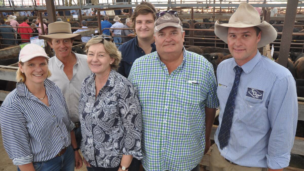Nick and Sara Moyle, Pathfinder Angus stud, Penshurst, Vic congratulate clients Rosemary and Michael Cornish and their son James, Boolara Props, Coonawarra on receiving up to $3.47/kg  . They are also pictured with their Thomas DeGaris & Clarkson agent Ashley Braun. Boolara's 80 May-June 2015 drop steers averaged $1044.