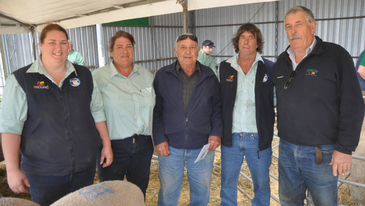 BUY UP: Zacman stud's Samantha, Kathy and Stephen Kelly (second from right) with volume buyer Steve DiGiorgio, Lucindale and his agent Robin Steen, Pinkerton Palm Hamlyn & Steen, Naracoorte.
