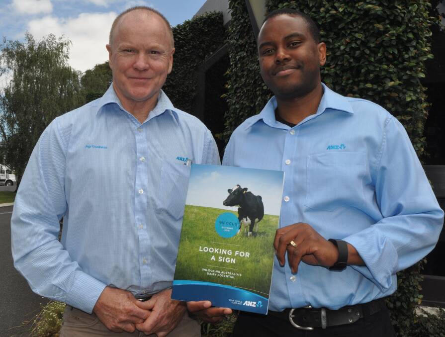MILK OPPORTUNITIES: ANZ SA agribusiness manager Steve Radeski with ANZ insights and research manager Taf Shaamano who spoke on the need to lift Australian milk production from 9.2bL to 15bL by 2025.