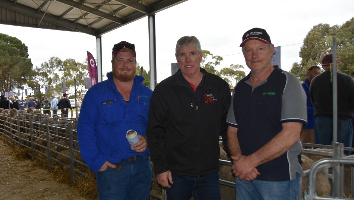 Volume buyers Daniel and Andrew Hansen, Hansen Farms, Coomandook, with SWM stud principal Richard Harkness bought 15 rams. Picture by Catherine Miller
