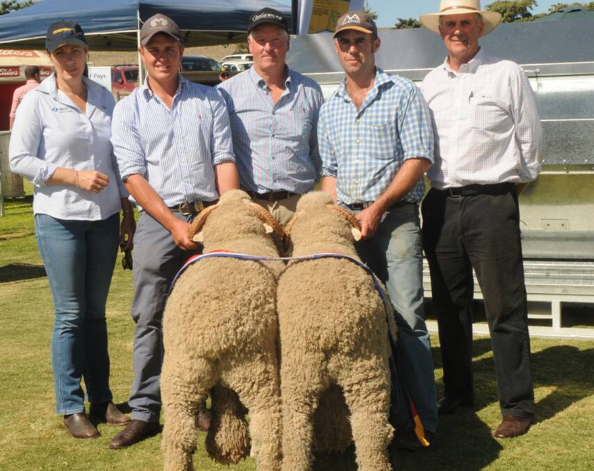 DUAL PURPOSE: North Ashrose's Angus Ashby and Ashley Dunsford (front) with Coopers Animal Health's Julie Christie and judges Trevor James and John Carter.