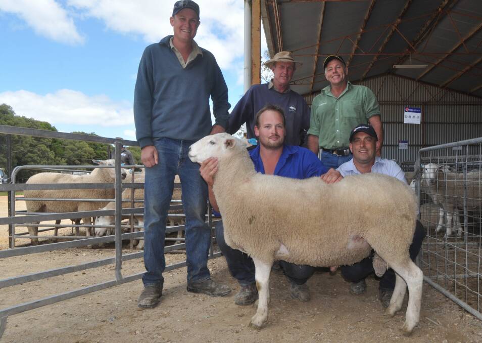 HYBRID VIGOUR: Digby and Michael Schinckel, Kybybolite, bought both $1800 top priced rams at the Jay-Dee maternal composite sale. Jay-Dee's Josh Dowdy (holding the ram) is with selling agents Landmark's Brendan Fitzgerald and Southern Australian Livestock's Alistair Haynes.