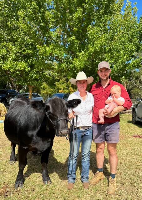 Annie Palmer, with her husband Jordan and their son Isaac, holding an Angus heifer. Picture supplied