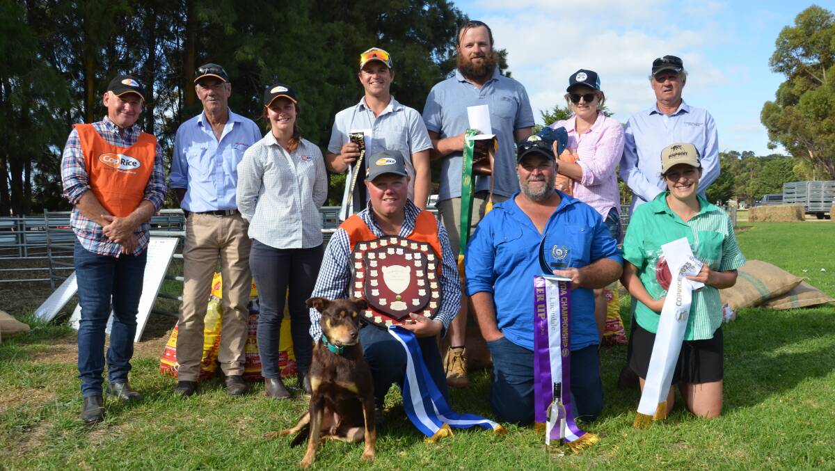 Vic judge Vin Geyde and WA judge Nigel Armstrong (right) with Zoetis's Gary Glasson and Coprice's Pip and placegetters in the SA Yard Dog Championship.