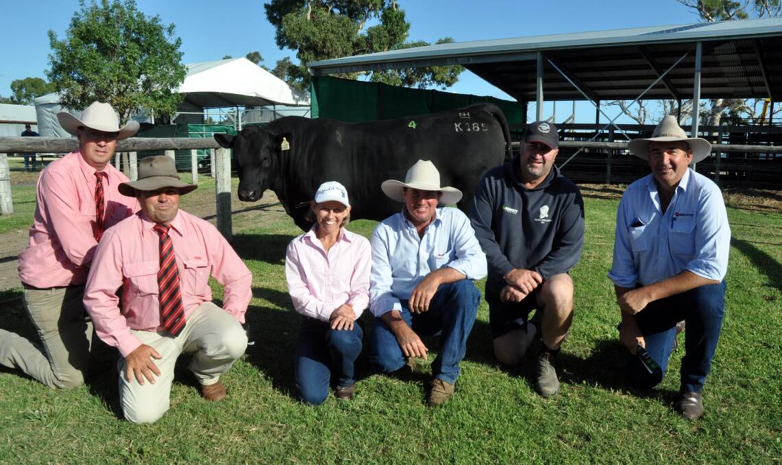 NAMPARA'S BEST: Elders auctioneer Ross Milne and Elders Mount Gambier's Jamie Bellinger with Nampara stud Natalie and Stuart Hann. They are with buyer of the $14,000 top priced bull Greg Fisher, Clover Ridge, Marcollat with his agent and Southern Australian Livestock general manager Laryn Gogel.