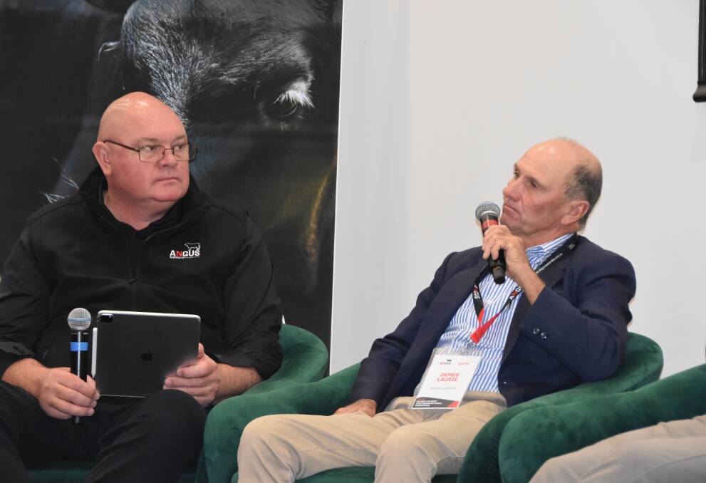 Breeder James Laurie raised the issue of selecting for low methane emissions at this year's Angus National Conference in Tamworth, where he is pictured with Angus Australia chief executive officer Scott Wright.