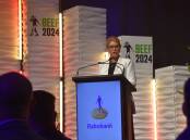 Tracey Hayes speaking at the Rabobank Beef Industry Awards dinner at Beef Australia in Rockhampton. Picture Shan Goodwin.