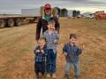 Sandra Spaeth was one of four farmers to receive hay through the run on Friday, taking home 20 bales. She is with grandsons Wyatt Caulfield and Tate and Colt Bury. Picture supplied
