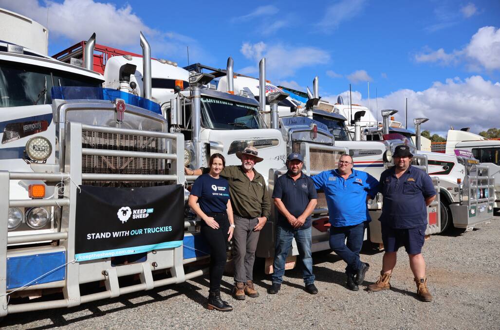  Keep The Sheep organisers, The Livestock Collective director, Holly Ludeman, Jennacubbine, Livestock Services and Port Hedland export depot owner, Paul Brown, The Livestock Collective director, Steven Bolt, Corrigin, Livestock & Rural Transport Association of WA vice president, Ben Sutherland and Warbys Transport owner, Peter Warburton, Wandering, in front of some of the stock crates parked up at the Road Trains Australia yard in Muchea, at the end of last Friday's rally.