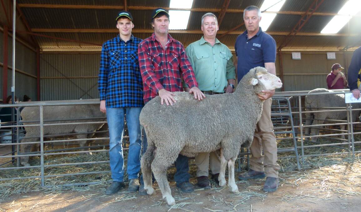 FINE EYE: The top price ram with buyers Jacob and Tim Hoffrichter, Ceduna, auctioneer Gordon Wood, Landmark, and Maramville principal Mark Hoffrichter. The ram impressed with its size and crimpy white wool.