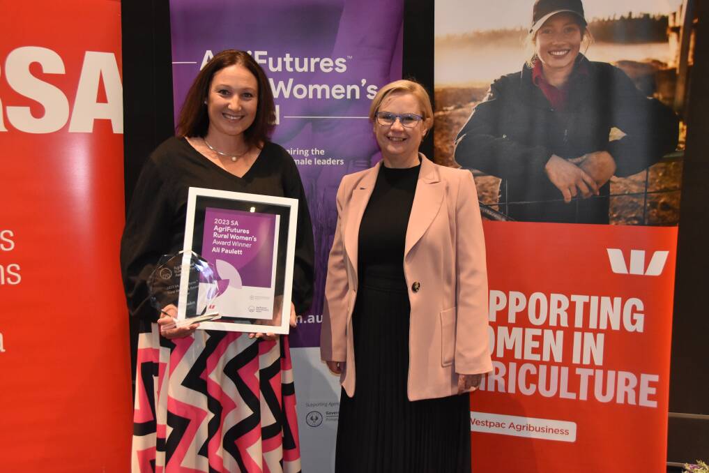 Agrifutures SA Rural Woman of the Year Ali Paulett and Primary Industries and Regional Development Minister Clare Scriven. Picture by Elizabeth Anderson