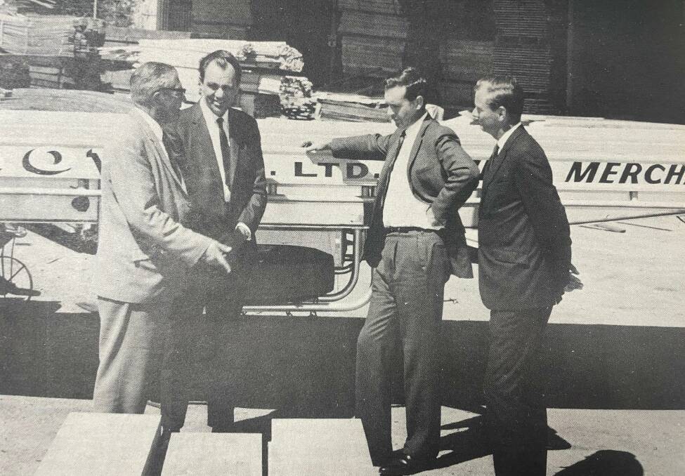 Former SA Premier Steele Hall (second from right) inspects South Australian timber, with Wadlow Ltd MD AK Wadlow, architect Vern Tolcher and Ian Holland, Cresco, in January 1969. File picture