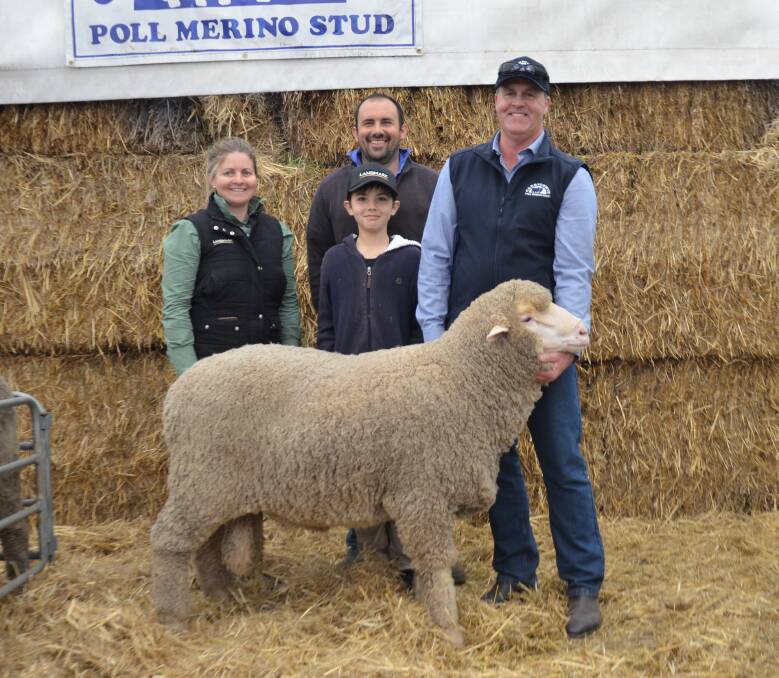SUPERIOR SIRE: Karmel Parsons, Landmark Minlaton, buyers Jamie and Henry Murdoch, Warooka, and Bronte Blyth, Carricowie, Brentwood, with the $5400 top price ram. 