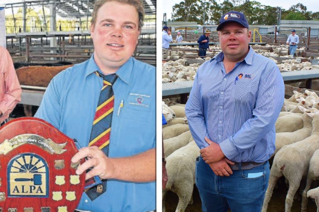 Mat McDonald with the shield in 2014 and (right) during the Naracoorte blue ribbon first-cross sales. 