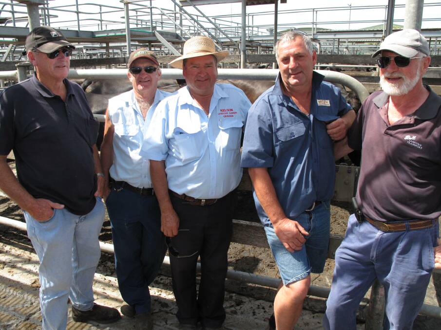 Livestock carters Les Latta, John Mahony, Graham Kelson, David Templeton and Don Bell at the sale.