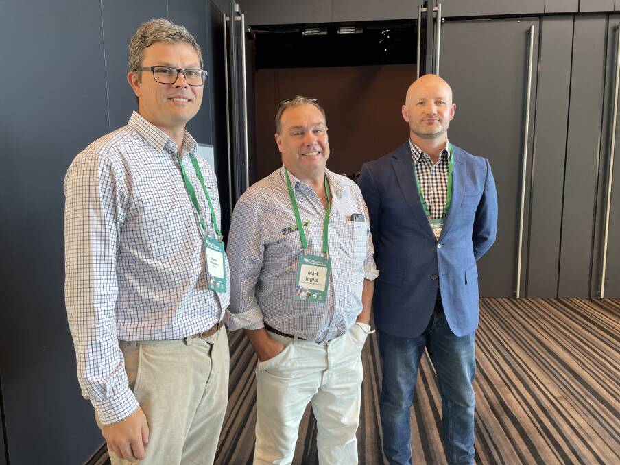 Integrity Ag and Environment's Stephen Wiedemann, Thomas Foods International's Mark Inglis and Andrew Manning at the SA Industry Climate Change conference. Picture by Vanessa Binks. 
