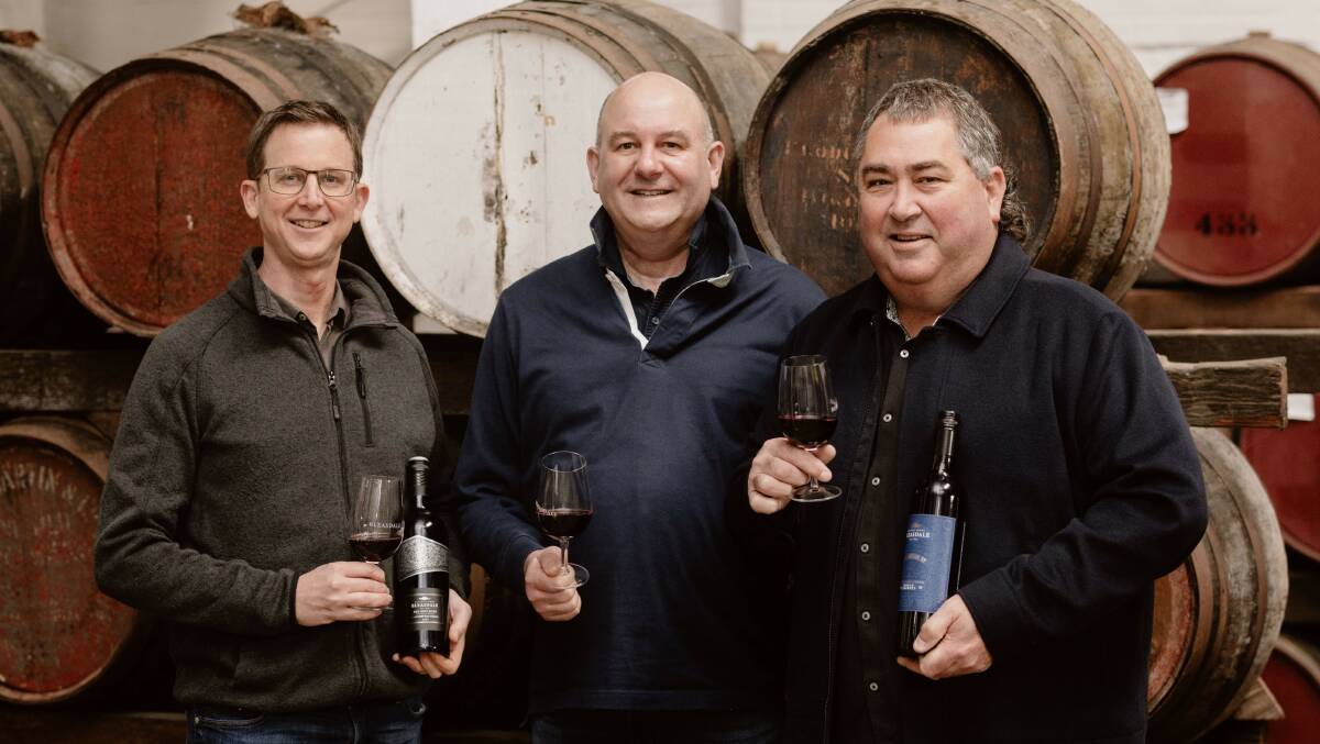 Bleasdale at Langhorne Creek winemaker Matt Laube, head winemaker Paul Hotker and brand ambassador Robbie Potts. Picture Supplied. 