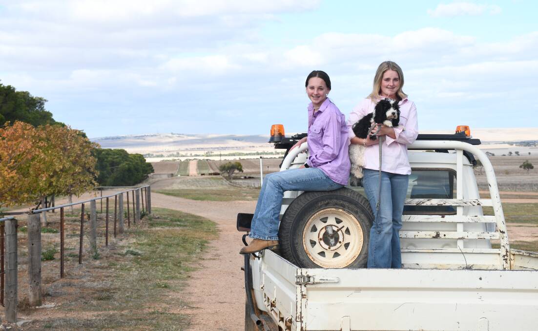 Eliza and Adele Inglis taking a ride on the back of the ute, overlooking the Merriton property.
