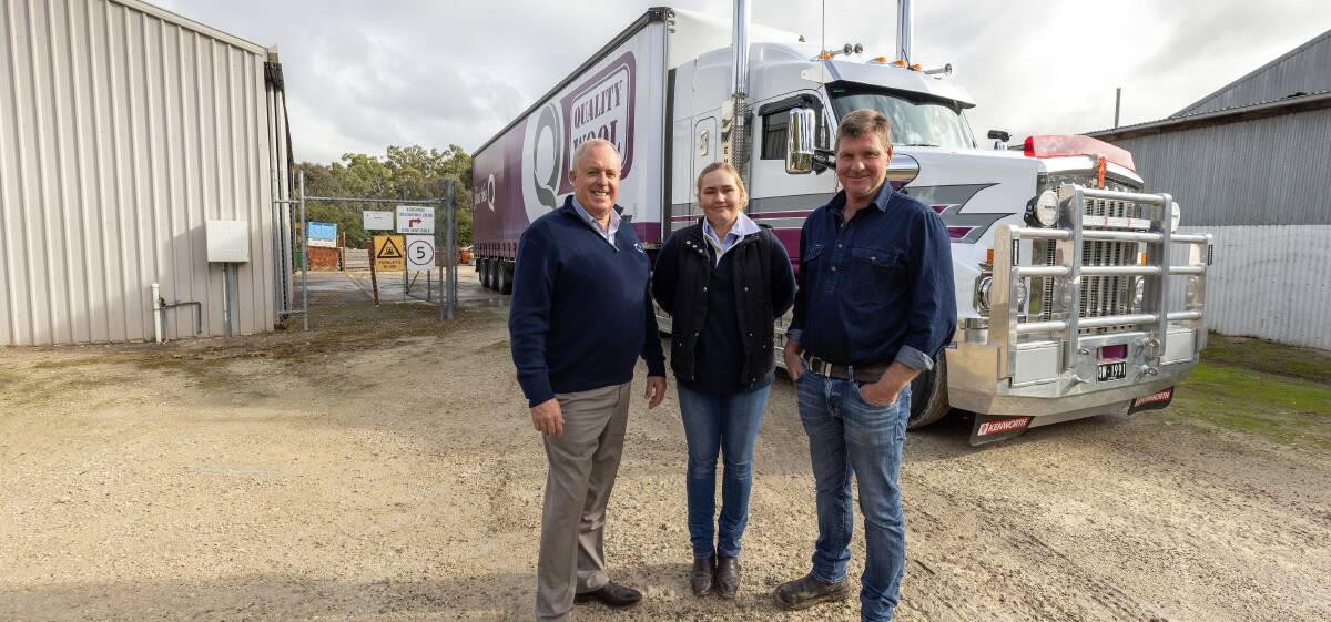Quality Wool managing director Mark Dyson, with local wool representative Kellsie Turner and Kiandra Poll Merino owner Ryan Kluska at the opening of the company's new Bordertown depot. Picture supplied