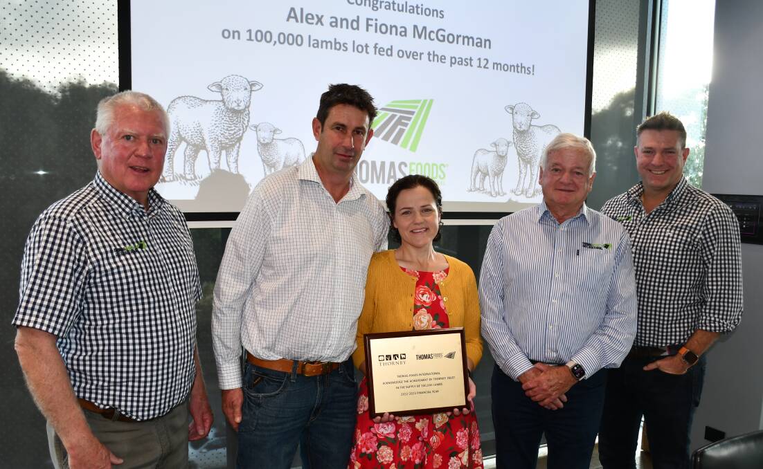 TFI livestock buyer Phil Heinrich, and TFI's Chris and Darren Thomas (right) congratulate Alex and Fiona McGorman on the milestone of supplying 100,000 lambs to the company in the 2022-23 financial year. Picture by Quinton McCallum