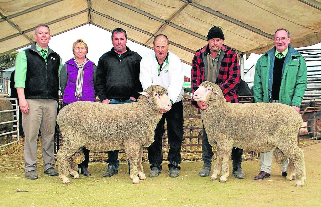 TOP TWO: Taking a closer look at the two highest price rams at the Kamora Netley Park Poll Merino ram sale are Landmark auctioneer Gordon Wood, Gail and Roger Duell with the ram they bought for $4000, sale vendor Justin Boughen, Brian Boughen, Borrika, holding the $4200 top price ram he bought, and Murray Greenfield, Landmark Karoonda.