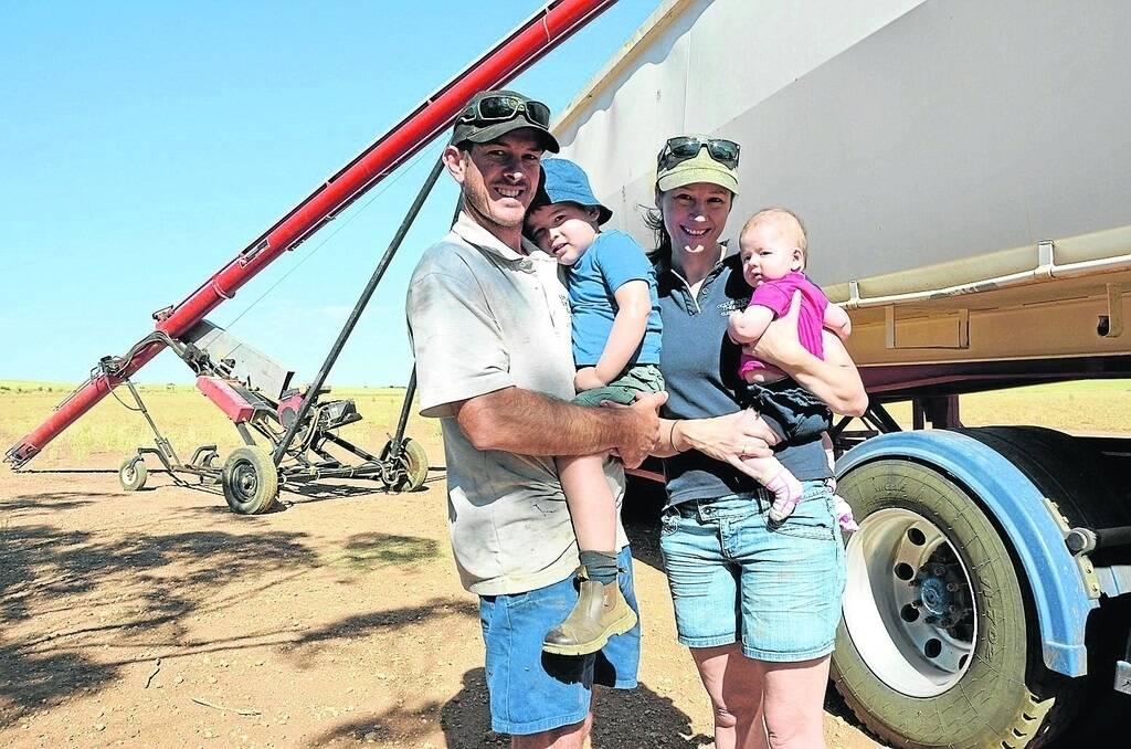 Mallee farmer Marc Bowen with son Cooper, 3, wife Emily and daughter Ella, 14 weeks, at their family’s Carwarp, Vic, farm.