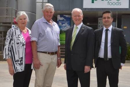 Former UDP suppliers Cathy and Michael Lewis, Shadamah Farms, Tintinara, took advantage of the opening to look through the factory. They are pictured with BGFC chairman Roger Sexton and CEO Sean Ebert.