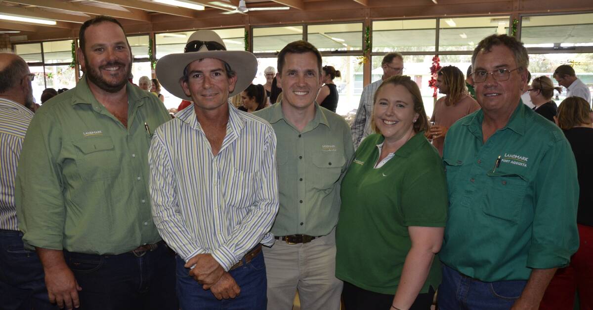 GREAT EVENT: Landmark's Cameron Paul, South Gap's Paul Greenfield, Landmark SA wool manager Adrian Dewell and Landmark's Kylie Fuller and Tim Wooley.