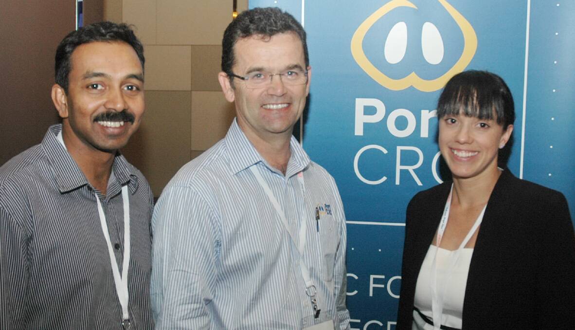 PIG INDUSTRY: Pork CRC’s Charles Rikard-Bell (centre) with BEC Feed Solutions’ David Isaac and Sunpork Farms’ Tracy Muller. Dr Rikard-Bell will be a guest speaker at a pig industry day tomorrow (Friday).