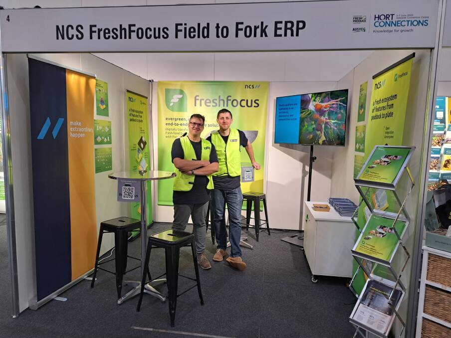 NCS Australia senior account executive Gideon Naude and dynamic solutions architect Francois Viljoen at the FreshFocus stand at Hort Connections in Adelaide. Picture Supplied.