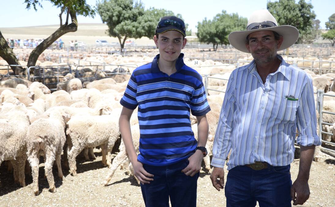 HAPPY SELLERS: Nick Greenfields, South Gap, via Port Augusta, and his dad Paul were happy sheep sellers at the December Jamestown market. South Gap sold 184 wethers at $92 and a further 151 at $88.